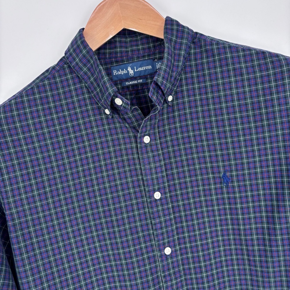 Polo Ralph Lauren Classic Fit Plaid Button Down Shirt Mens 16.5 32/33 Green Blue